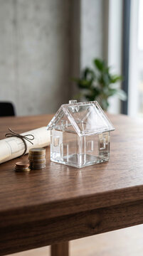 A minimalist model of a transparent glass house on a wooden table within a bright, modern interior, symbolizing real estate investment, mortgages, housing loans, construction, and property ownership