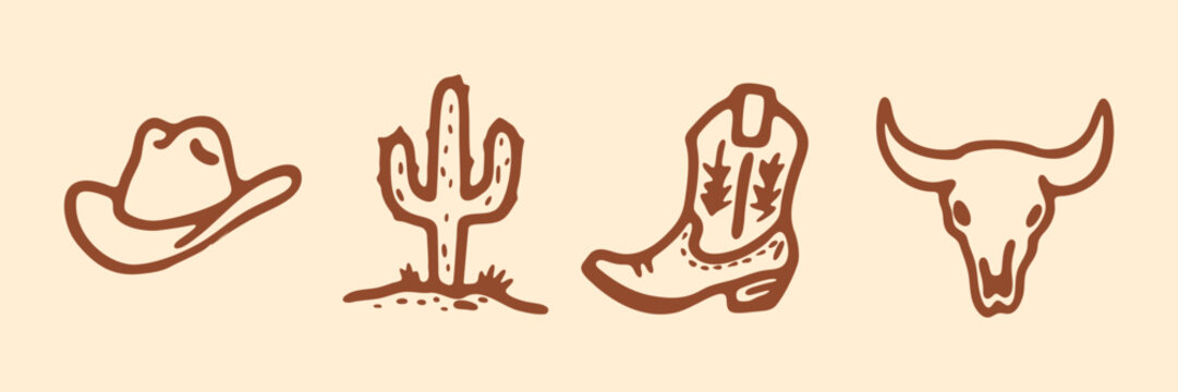 Western Cowboy Theme Hand Drawn Doodle Icon Set. Western Lifestyle And Cowboy Culture Sketch Symbol Collection. Ranch Decor And Rodeo Promotions. Isolated Vector Illustration