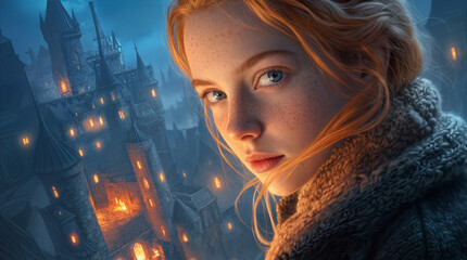 Fototapeta premium Redheaded woman with freckles looking at camera against backdrop of medieval fantasy castle at dusk. Cinematic portrait of female character in mystical setting.