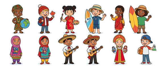 Fototapeta premium Diverse children in traditional cultural clothing, isolated