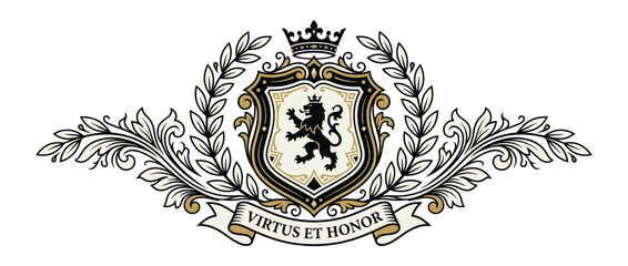 Fototapeta premium Ornate Heraldic Emblem with Lion and Laurel Wreath