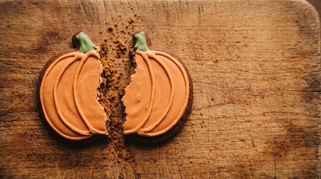 Broken pumpkin shaped sugar cookie on a rustic wooden cutting board