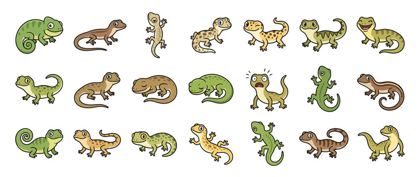 Cute cartoon lizards and geckos collection, isolated