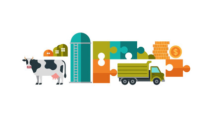 Fototapeta premium Agricultural Business Integration Infographic with Cow Silo Truck and Money