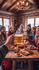 Naklejka premium Group of friends toasting with beer mugs during winter dinner in rustic log cabin. Diverse young adults celebrating holiday season at wooden table with snacks.
