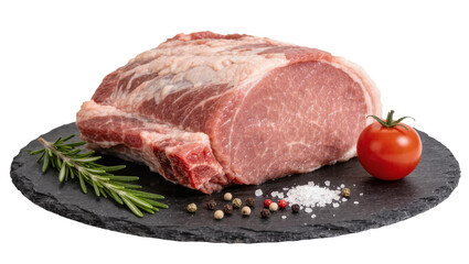 Fototapeta premium Raw pork loin roast with rosemary tomato and peppercorns, isolated on transparent background