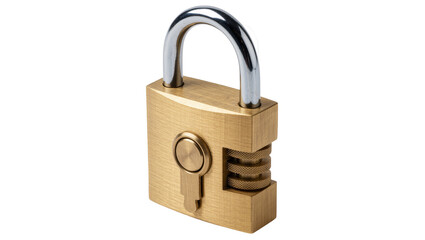 Brass padlock with combination lock mechanism and keyhole, isolated on transparent background