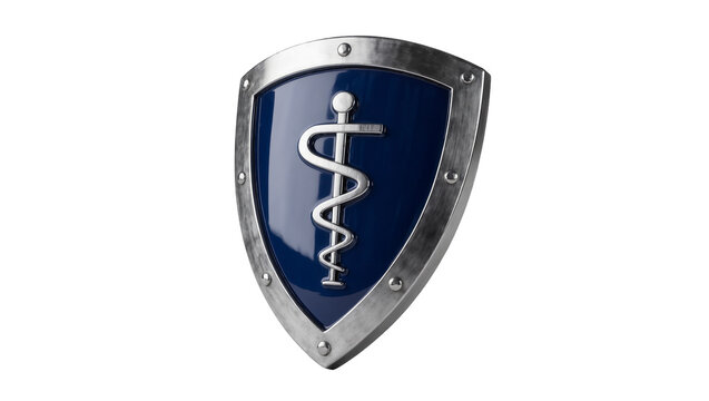 Metallic shield with Caduceus symbol, isolated on transparent background