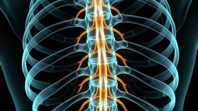 Anatomical 3D illustration of the human spine showing the spinal cord and nervous system branches within the rib cage