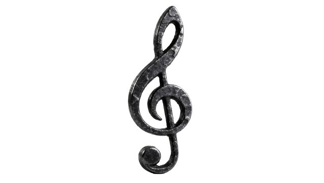 Textured dark metal treble clef symbol, isolated on transparent background
