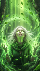 Fototapeta premium Forest druid manipulating nature energy in mystical woodland. Young woman with glowing eyes channeling green magic and swirling leaves in enchanted forest setting.