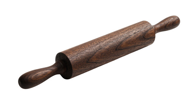 Dark wood rolling pin with handles, isolated on transparent background