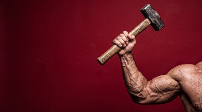 Muscular Arm Holding Heavy Sledgehammer Against Red Background