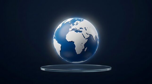 Detailed globe of earth floating above a clear acrylic display stand with blue wallpaper backgrond