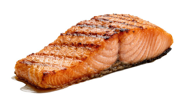 Juicy grilled salmon fillet with char marks, isolated on transparent background