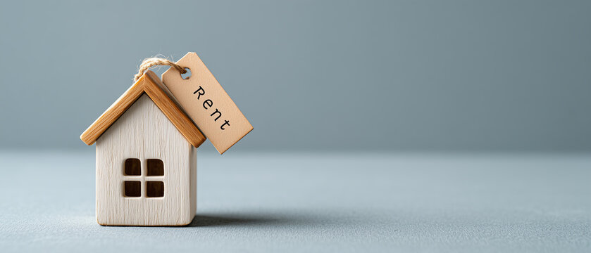 Wooden house model with Rent tag on gray background for real estate business banner, property rental mortgage agreement concept, house lease investment with copy space.