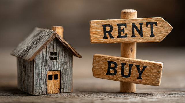 Wooden house model near Rent vs Buy signpost for real estate investment choice banner, home mortgage decision, property ownership, copy space on rustic background.