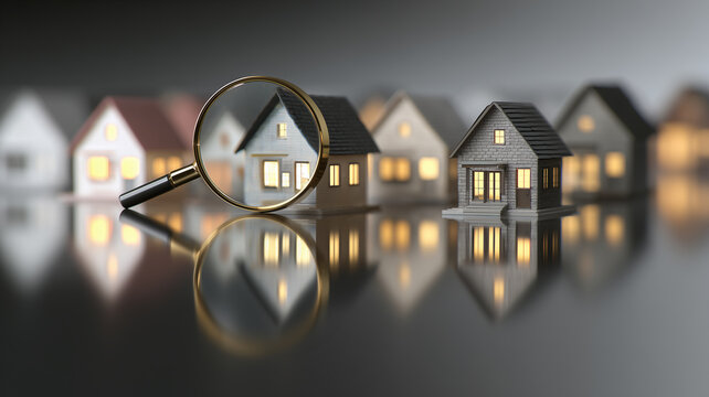 Magnifying glass focusing on miniature house model for real estate search banner, property inspection mortgage evaluation, house selection concept with copy space.