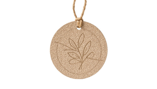 Round beige textured tag with embossed branch design, isolated on transparent background