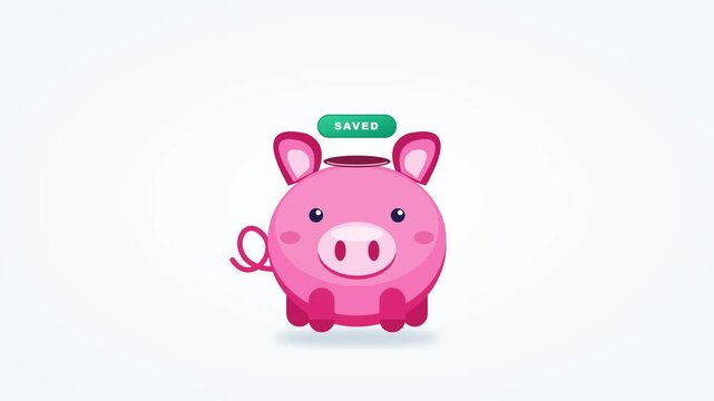 A highly detailed, perfectly proportioned flat 2D animation of two gold coins dropping sequentially into a piggy bank slot, triggering volumetric squash reactions and a saved notification.