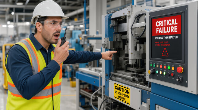 Industrial engineer reporting critical system failure on factory floor. Production halted due to machine malfunction in manufacturing plant.