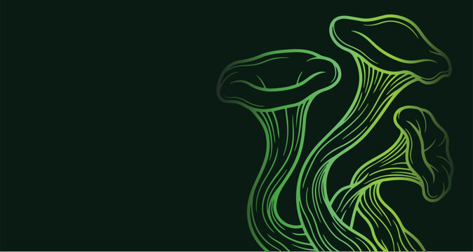 neon green trumpet mushroom pair line art, glowing dual fungi botanical illustration, dark background slender mushroom graphic, luminous organic cap sketch pattern, glowing woodland element, dark aest