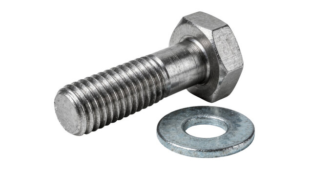 Metal hex bolt and washer, isolated on transparent background
