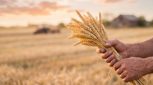 Farmer hands holding golden wheat sheaf in field at sunset