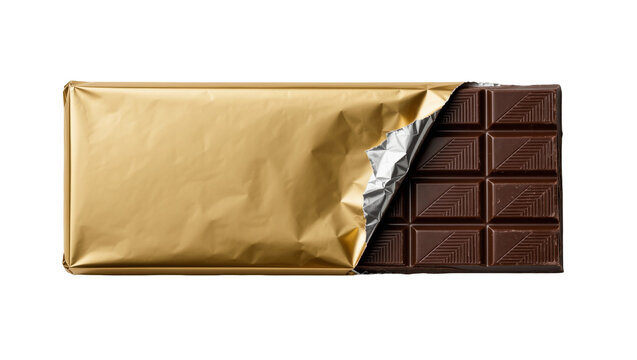 Dark chocolate bar with gold foil wrapper, isolated on transparent background