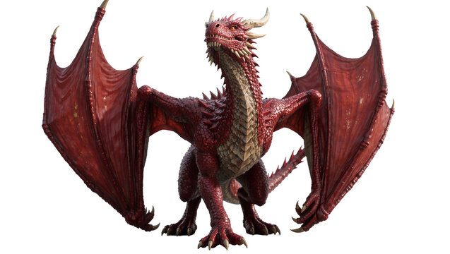 Majestic red dragon with large wings detailed scales and horns, isolated on transparent background
