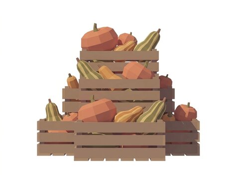 Fresh pumpkins and gourds in wooden crates at a farmers market during autumn season