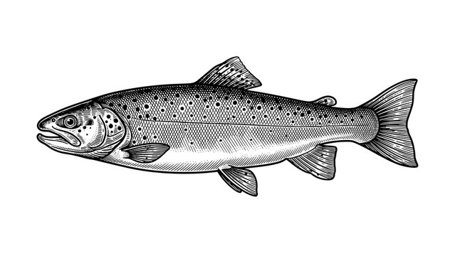 Detailed black and white engraving illustration of a spotted trout fish isolated