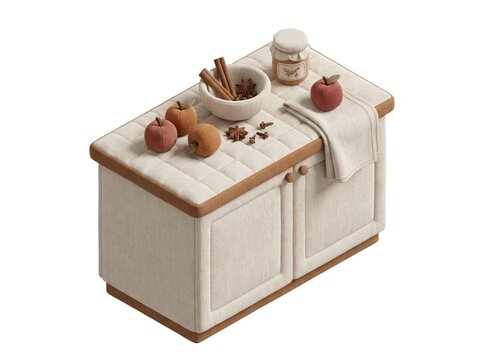 Linen covered counter with fresh apples and baking spices in a cozy autumn kitchen setting