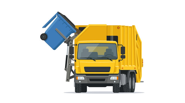 Yellow Side Loader Garbage Truck Illustration Lifting a Blue Recycling Bin for Municipal Waste Management and Sanitation Services Isolated on a Clear White Background