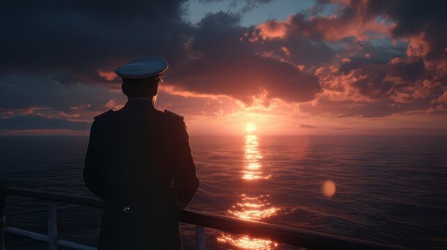 Naval officer silhouette watching sunset over ocean. Ship captain looking at horizon. Maritime travel and leadership concept.