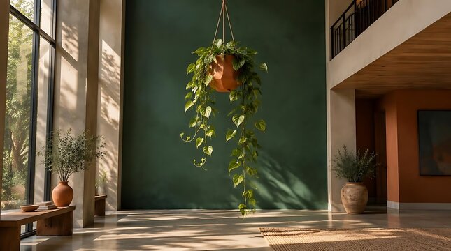 Hanging plant in a modern sunlit atrium with large windows and architectural elements.