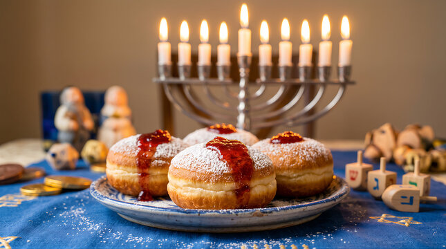 Traditional Hanukkah sufganiyot jelly donuts with powdered sugar on plate with blurred menorah in background. Hanukkah or Chanukah Jewish celebration concept with copy space.