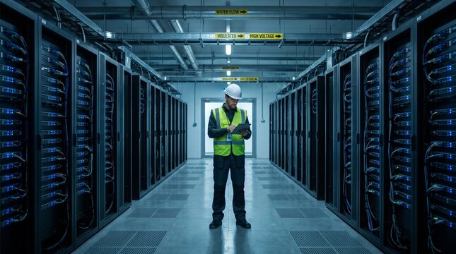 Data Center Worker Monitoring Digital Operations a tablet while standing in a long, clinically cool aisle of towering Glowing Blue Server Racks illuminated by bright blue LED lights