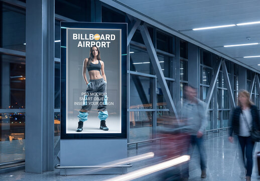 Vertical Billboard Screen In Clean Airport at Night Mockup
