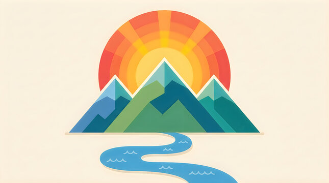 Colorful mountains and river with sunset background illustration