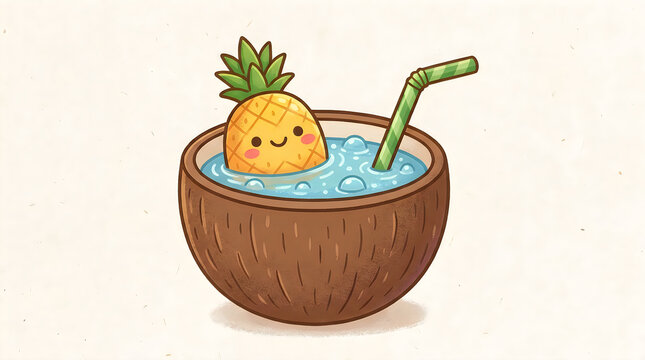 Cute pineapple character in a coconut drink with a straw illustration