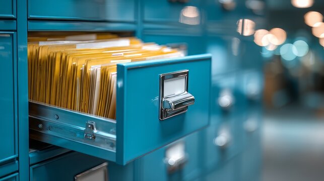 Vintage blue filing cabinet with open drawer, yellow manila folders in metal office storage, retro document organization system