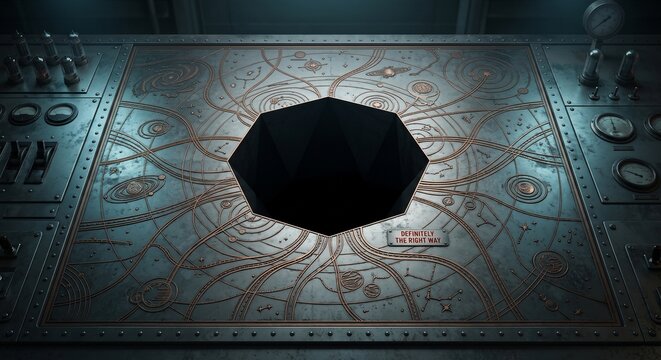 Surreal celestial atlas where glowing copper roads and orbital paths all lead into a massive black void beneath &ldquo;DEFINITELY THE RIGHT WAY&rdquo; warning banner