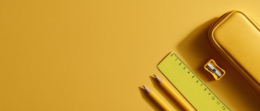 Bold monochromatic concept for back to school campaigns. Yellow pencils, ruler, sharpener, and pencil case on matching background with generous copy space for text overlay.