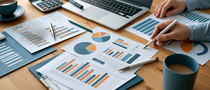 Analyst reviews colorful pie and bar charts spread across a wooden desk alongside a laptop, calculator, and coffee ideal for finance, strategy, or corporate reporting concepts.