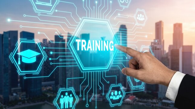 Corporate online training concept with hand touching digital screen interface on cityscape background