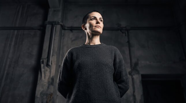 Strong woman with short hair posing confidently against a dark industrial concrete wall in a dramatic atmospheric portrait