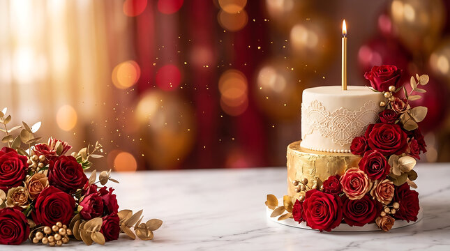 Elegant twotier birthday cake decorated with fresh red roses and gold accents on a marble surface with blurred festive background