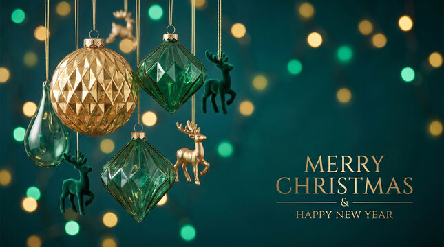 Merry Christmas and Happy New Year! Luxurious festive holiday composition featuring faceted glass baubles, reindeer ornaments and glowing bokeh lights. 