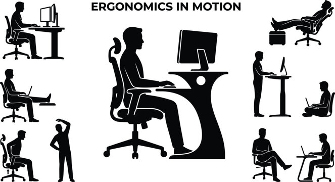 Ergonomics in motion infographics set showing correct sitting standing and stretching postures at office workplace vector